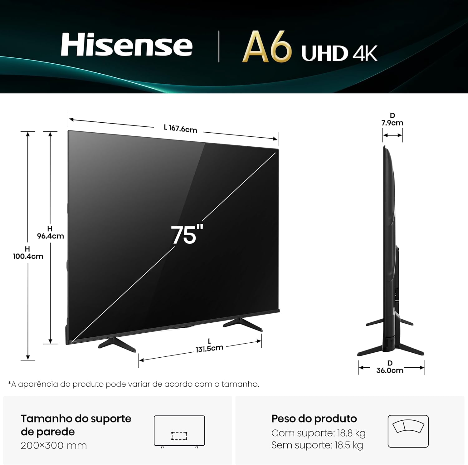 Hisense Smart TV 4K 75″ Polegadas 75A6NV